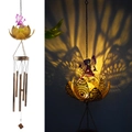 Solar wind chime with fairy and lotus flower pattern in bronze finish glowing at night - Lotus Wind Chime