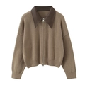 Detailed view of brown knit cardigan with faux leather collar and metal zipper closure - S / Camel
