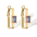 Macro shot of gold geometric hoop earrings with iridescent rectangular zircon stones - Rectangular Purple Green Iridescent Gem-44548