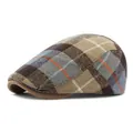 British style wool plaid flat cap with brown and grey checkered pattern for winter - Adjustable / Khaki