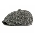 Classic newsboy cap in black and white tweed knit with decorative button detail - One Size / Black