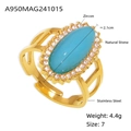 Anello vintage in acciaio inossidabile placcato oro 18K con pietra turchese e zirconi - Misura 7 Regolabile / Amazzonite Blu Naturale