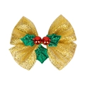 Golden mesh Christmas bow with green holly leaves and red berries for festive gift decor - Style 42-Gold Mesh Green Leaf Berry