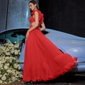 Robe longue en mousseline rouge à dos nu avec détails à volants et ourlet plissé large - XS / Rouge