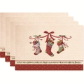 Set of 4 Christmas placemats with hanging festive stockings on linen texture - Style 36