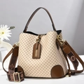 Beige and brown diamond-patterned bucket bag with wide jacquard shoulder strap - Great Wall Pattern Beige