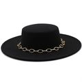 Classic black flat top wool felt hat with decorative gold metal chain link band - M (56-58cm) / Black