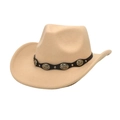 Close-up of beige western cowboy hat featuring black band with silver sunburst metal studs - M / Beige