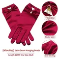 Elegant wine red satin wedding gloves with pearl pendant and 22cm short length - One Size / Burgundy