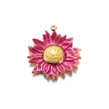 Pink enamel sunflower pendant with golden metal base and hanging loop for DIY jewelry - Burgundy