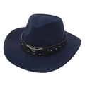 Detail of dark blue felt cowboy hat with leather band and silver longhorn bull skull ornament - Adult (56-60cm) / Navy Blue (Bull Head + Black Band)