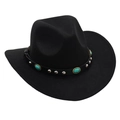 Detail of black felt cowboy hat with leather band featuring turquoise and silver rivets - Kids One Size (54cm) / Black Cowboy (Turquoise)