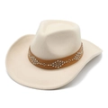 Classic beige western cowboy hat with brown studded leather band and curved brim - M (56-58cm) / Beige