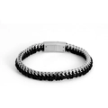 Braided black leather bracelet with silver metal chain and magnetic steel clasp - Black Leather Silver Braided Chain