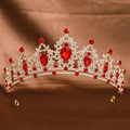 Elegant gold bridal crown featuring large red teardrop gems and clear crystals - Gold / Red