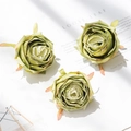Three realistic green fabric rose heads for DIY crafts and elegant wedding decorations - Green
