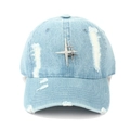Close-up of distressed light blue denim baseball cap with silver metal star studs - Adjustable / Light Blue