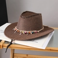 Dark brown straw cowboy hat with colorful bohemian beads and shell charms decor - Brown
