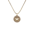 Gold plated box chain necklace with a crystal-encrusted round butterfly pendant - Round Hollow Butterfly With Zirconia