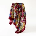 Detailed view of 90cm satin silk scarf with colorful artistic cat prints and burgundy borders - 90x90cm / Purplish Red