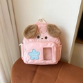 Pink puppy backpack for kids with plush brown ears and a blue star embroidered patch - Pink Small