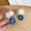 Dettaglio degli orecchini invernali con pon pon bianchi e ciondoli a goccia in resina - Gancio per Orecchio-Bianco-Blu