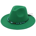 Close-up of bohemian style turquoise beads on a vibrant green wide brim fedora hat - M (56-58cm) / Grass Green