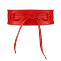 Close-up of red lychee textured leather corset belt with elegant front bow tie detail - Red