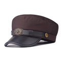 Brown canvas military flat top cap with leather visor and pentagram star metal badge - M (56-58cm) / Coffee With Star Badge