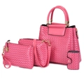 Ensemble 4 pièces de sacs à main rose à texture tressée avec cabas, pochette et porte-cartes - Rose Rouge
