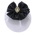 White nylon baby turban with a large black satin bow and a sparkling gold rhinestone center - Black