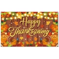 Happy Thanksgiving party banner with gold glitter text, turkey, pumpkins, and autumn leaves - 180x110cm Backdrop