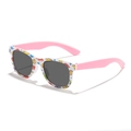 Kinder Sonnenbrille mit Dino-Print, weißem Rahmen, rosa Bügeln und dunklen Gläsern - Dinosaurier Weißer Rahmen Rosa Bügel