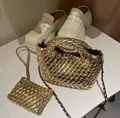 Mini woven gold handbag with metallic finish and matching pouch with chain strap - Gold