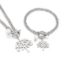 Hip-hop style stainless steel Tree of Life jewelry set with pearl and OT buckle - Steel Color (KS113583-Z)