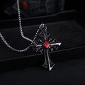 Close-up of retro cross pendant with square red gemstone and vintage hollow patterns - Xl0320* Chain Length 60cm