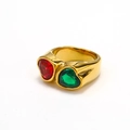 Chunky gold ring with red and green heart stones in a vintage Toi et Moi design - US 6 / Gold (Red/Green Heart)