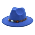 Royal blue wool fedora hat with brown leather band and turquoise beads on white background - M (56-58cm) / Sapphire Blue