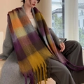 Écharpe à carreaux tendance en violet et jaune au toucher cachemire avec franges - 33# Violet Jaune Gris Orange Patchwork