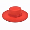 Detailed close-up of a vibrant red wide brim wool fedora hat with a matching silk ribbon - M (56-58cm) / Orange Red