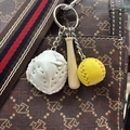 Baseball keychain set with white glove, wood bat and yellow softball charm on a bag - 2CM Short Bat Yellow Ball White Glove
