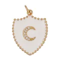 Shield pendant with gold beaded edges, white enamel, and crystal crescent moon design - White-Shield Crescent Moon