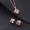 Elegant gold jewelry set featuring a square pink gemstone necklace and matching earrings - Gold Square Pink Gemstone Set (V)