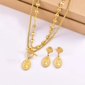 Ensemble collier double couche et boucles d'oreilles dorés avec relief ovale et fermoir T - Collier + Boucles d'oreilles