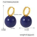Gold stainless steel hoop earrings with dark blue oil drip bead charms for women - Gold Deep Blue