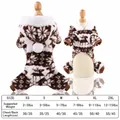 Christmas reindeer pet onesie size chart and brown plush dog pajamas specifications - XS / Four-legged Flannel Reindeer Jumpsuit / Coffee
