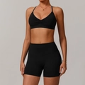 Ensemble de yoga noir deux pièces avec brassière col en V et short de sport taille haute - S / Haut Et Bas / Noir Premium (Soutien-gorge + Short)