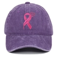 Close-up of pink ribbon embroidery on washed cotton purple baseball cap detail - Adjustable / Purple