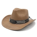 Brown woven cowboy hat with wide brim and bull skull metallic buckle detail - M(56-58cm) / Khaki