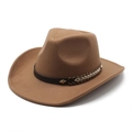 Vintage khaki wool felt cowboy hat with rolled brim and decorative brown leather band - M (56-58cm) / Khaki